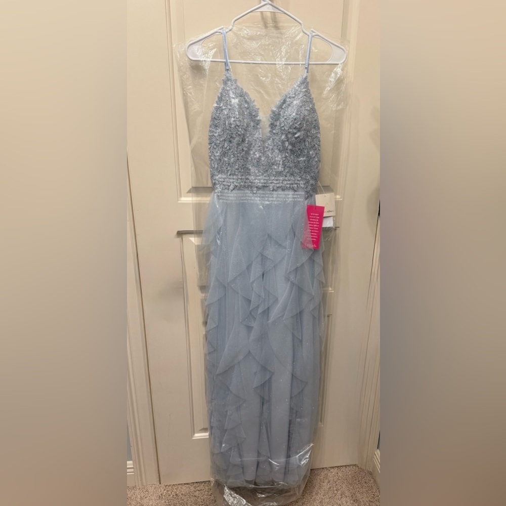 Sparkly PROM DRESS! NEW Pear Culture Baby Blue shimmer long or (can trim) SZ 5
